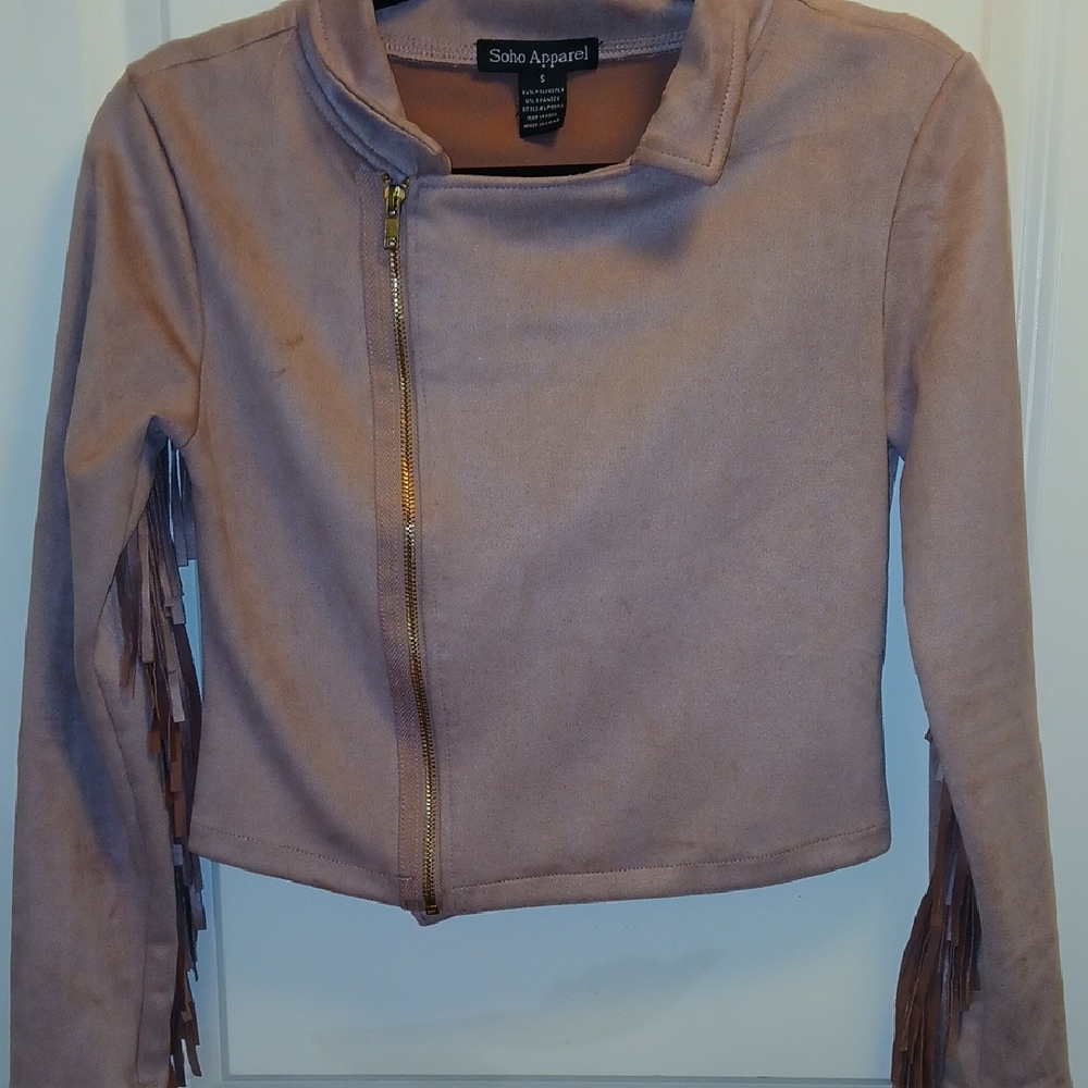 Soho Apparel pink Fringe Jacket with Gold Zipper